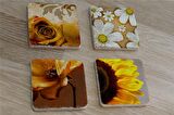 Sarı Gül ve Çiçekler Doğal Taş Bardak Altlığı 4'lü set - Natural Stone Coasters