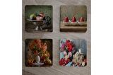 Armut Meyveler ve Çiçekler Doğal Taş Bardak Altlığı 4'lü set - Natural Stone Coasters