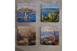 Galata Eminönü Kız Kulesi ve Ortaköy Doğal Taş Bardak Altlığı 4'lü set - Natural Stone Coasters