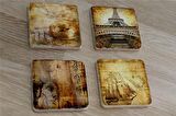 Kolaj Rönesans Eyfel Kulesi ve Eski Savaş Gemisi Doğal Taş Bardak Altlığı 4'lü set - Natural Stone Coasters