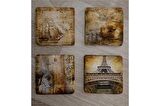 Kolaj Rönesans Eyfel Kulesi ve Eski Savaş Gemisi Doğal Taş Bardak Altlığı 4'lü set - Natural Stone Coasters
