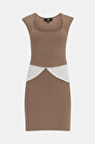 Bej Kontrast renkli triko elbise 27929 | 44