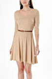 Bej Kemerli dirsek kollu mini elbise 91218 | 40