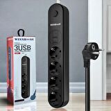 2 USB + 1 Type-C Girişli Uzatma Kablosu | 4 Priz | 2 Metre | Termal Korumalı