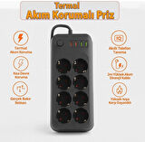 8 Prizli 2 USB 2 Type-C Girişli Akım Korumalı Topraklı Şarj Fiş Priz 2 Metre Uzatma Kablosu