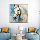 Yağlı Boya Dokulu Tablo Mavi Fonda Beyaz At U04019