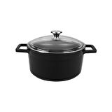 Lava Döküm Yuvarlak Tencere Cam kapaklı. Glaze Çap(Ø)20cm.  - Siyah