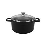 Lava Döküm Yuvarlak Tencere Cam kapaklı. Glaze Çap(Ø)24cm.  - Siyah