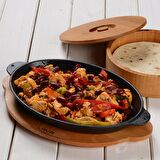 Lava Döküm Oval Fajita Tavası, Kulplu ve Ahşap altlıklı. Ölçü 18x24cm.