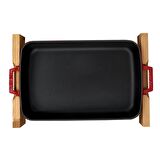 Lava Döküm Dikdörtgen Tepsi ve ahşap altlığı. Ölçü 26x40cm. - Kırmızı