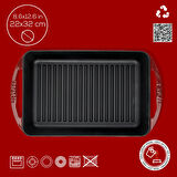 Lava Döküm Dikdörtgen Izgara Tavası Döküm Demir Yekpare Çift Kulplu Ölçü 22x32cm.-Bordo