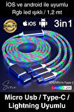 Özel Üretim Rgb Led Işıklı 3'ü 1 Arada Şarj Kablosu Micro Usb Type-C Lightning Apple İphone Uyumlu