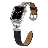 ​​​Watch Ultra 49mm Kordon Uyumlu KRD-53 Deri Strap Kayış CLO- Siyah-Gümüş