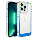 iPhone 14 Pro Uyumlu Simli ve Renk Geçiş Tasarımlı LZore Korumalı Zore Park Kılıf-Yeşil-Mavi