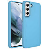 Galaxy S21 FE Uyumlu Metal Çerçeve ve Buton Tasarımlı Silikon Zore Luna Kılıf-Sierra Mavi