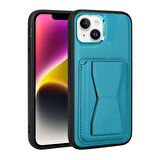 iPhone 14 Uyumlu Kartlıklı Standlı ​Pu Deri Zore Memo Kapak-Mavi