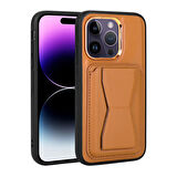 iPhone 14 Pro Max Uyumlu Kartlıklı Standlı ​Pu Deri Zore Memo Kılıf-Kahve Açık