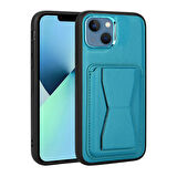 iPhone 13 Uyumlu Kartlıklı Standlı ​Pu Deri Zore Memo Kılıf-Mavi