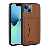 iPhone 13 Uyumlu Kartlıklı Standlı ​Pu Deri Zore Memo Kılıf-Kahverengi