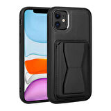 iPhone 11 Uyumlu Kartlıklı Standlı ​Pu Deri Zore Memo Kılıf-Siyah