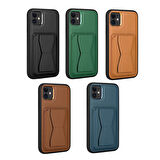 iPhone 11 Uyumlu Kartlıklı Standlı ​Pu Deri Zore Memo Kılıf-Kahverengi