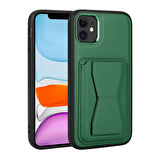 Apple iPhone 11 Kılıf Kartlıklı Standlı ​Pu Deri Zore Memo Kapak-Koyu Yeşil