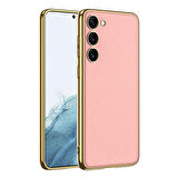 Galaxy S23 Uyumlu Deri Görünümlü Kenarları Elektroplating Kaplama Zore Fizyon Kılıf-Pembe