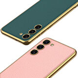 Galaxy S23 Plus Uyumlu Deri Görünümlü Kenarları Elektroplating Kaplama Zore Fizyon Kapak-Pembe