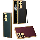 Galaxy S23 Ultra Uyumlu Deri Görünümlü Kenarları Elektroplating Kaplama Zore Fizyon Kapak-Koyu Yeşil