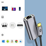 Siyah QG04 Type-C to RJ45 Ethernet Dönüştürücü Kablo 1024Mbps 22cm-Zore