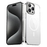 iPhone 15 Pro Max Uyumlu Ensueno Wireless Şarj Özellikli Şeffaf G-Glass Kapak-Gümüş