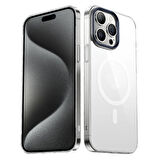 iPhone 15 Pro Uyumlu Zore Wireless Şarj Özellikli Şeffaf G-Glass Kılıf-Lacivert