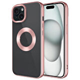 iPhone 15 Uyumlu Tek Kamera Çerçeveli Logo Gösteren Zore Omega Kapak-Rose Gold