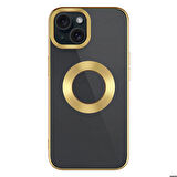 iPhone 15 Plus Uyumlu Tek Kamera Çerçeveli Logo Gösteren Zore Omega Kapak-Gold