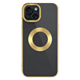 Apple iPhone 15 Plus Kılıf Tek Kamera Çerçeveli Logo Gösteren Zore Omega Kapak-Gold