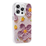 Apple iPhone 15 Pro Max Kılıf Çiçek Desenli Parlak Taşlı Sert Silikon Zore Garden Kapak-Colorful