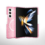 Galaxy Z Fold 6 Kılıf Magsafe Şarj Özellikli Parlayan Simli Saydam Renkli Zore Allstar Kapak-Pembe