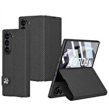 Galaxy Z Fold 6 Kılıf Karbon Fiber Tasarımlı Magnetik Tokalı Kartlıklı Zore Kıpta Zegna Kapak-Siyah