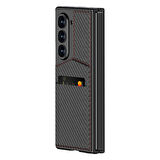 Galaxy Z Fold 6 Kılıf Karbon Fiber Kartlıklı Zore Kıpta Dik Açılan Kartlıklı Kapak-Siyah
