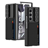 Galaxy Z Fold 6 Kılıf Kamera Korumalı Karbon Fiber Arka Yüzey Zore Kartlıklı Kıpta Sert Kapak-Siyah