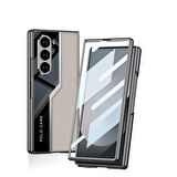 Galaxy Z Fold 6 Kılıf Ultra İnce Kamera Korumalı PC + Deri Arka Yüzey Zore Kıpta Poligan Kapak-Siyah
