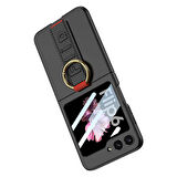 Galaxy Z Flip 6 Kılıf Kamera Korumalı Yüzüklü Karbon Tasarımlı Zore Flip Ring Kıpta Kapak-Gri-Yeşil