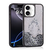 iPhone 16 Uyumlu Kılıf Sıvılı Simli Şeffaf Arka Yüzey Zore Keto Silikon Kapak-Siyah