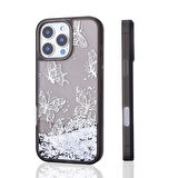 iPhone 16 Pro Uyumlu Kılıf Sıvılı Simli Kelebek Baskılı Şeffaf Arka Yüzey Zore Glis Silikon Kapak-Si