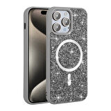 iPhone 14 Pro Max Kılıf Pırlanta Tasarımlı Magsafe Şarj Özellikli Zore Mozaik Silikon Kapak - Titany