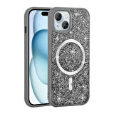 iPhone 15 Plus Kılıf Pırlanta Tasarımlı Magsafe Şarj Özellikli Zore Mozaik Silikon Kapak - Titanyum-