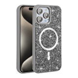 iPhone 15 Pro Kılıf Pırlanta Tasarımlı Magsafe Şarj Özellikli Zore Mozaik Silikon Kapak - Siyah
