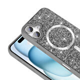 iPhone 16 Pro Kılıf Pırlanta Tasarımlı Magsafe Şarj Özellikli Zore Mozaik Silikon Kapak - Siyah