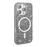 iPhone 16 Pro Max Kılıf Pırlanta Tasarımlı Magsafe Şarj Özellikli Zore Mozaik Silikon Kapak - Titany