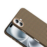 iPhone 16 Kılıf Magsafe Şarj Özellikli Karbon Fiber Görünümlü FRMS Gros Kapak - Gold-Siyah